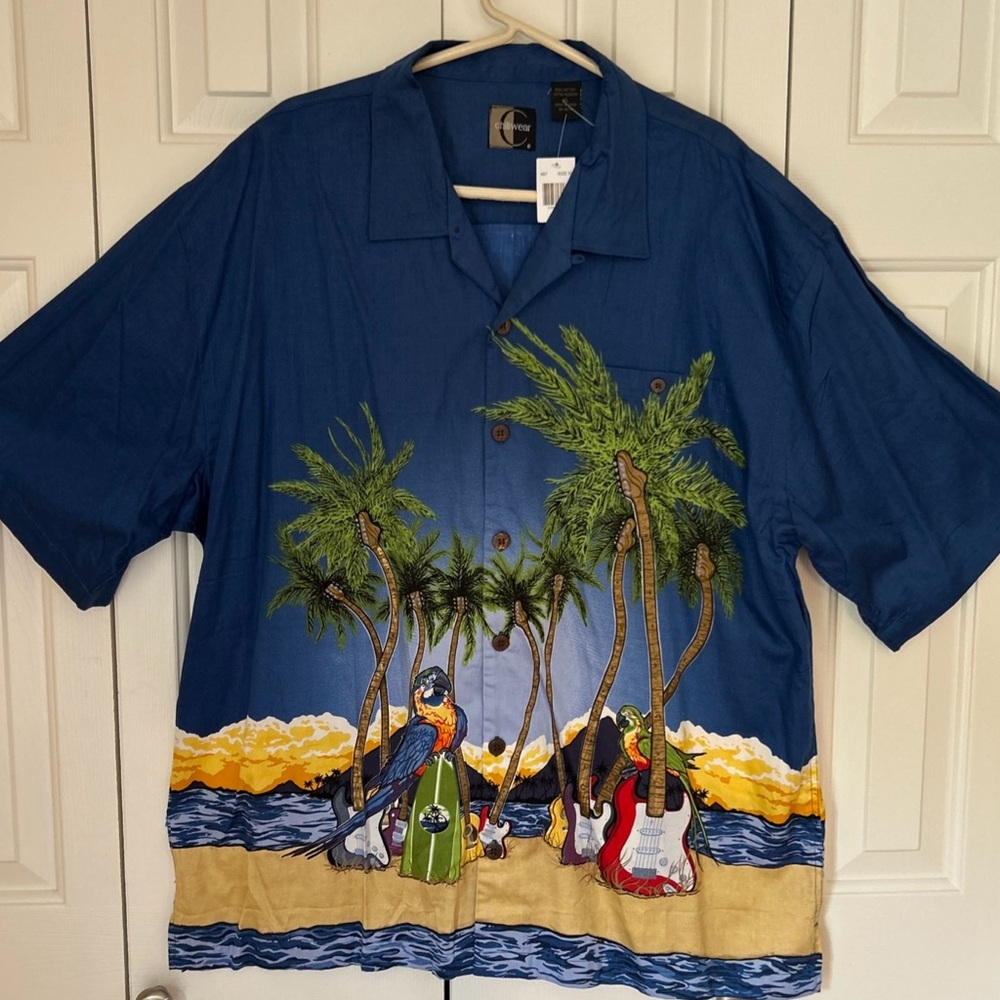 Chillwear Hawaiian Men’s Shirt Sz XL Blue Sunset Surf Parrots Guitars Palm Trees